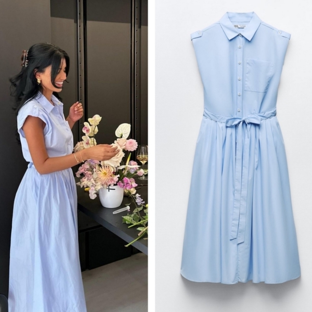 Zara  Poplin Sleeveless Collared Shirt Midi Dress Blue - Picture 3 of 16